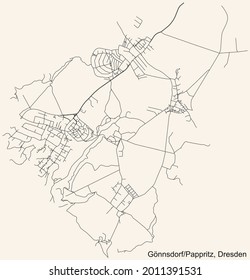 Black simple detailed street roads map on vintage beige background of the neighbourhood Gönnsdorf Pappritz quarter of Dresden, Germany
