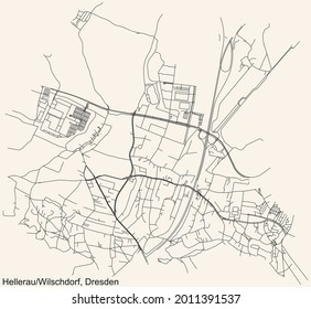 Schwarze, einfache, detaillierte Straßenkarte auf beigem Hintergrund des Viertels Hellerau Wilschdorf mit Rähnitz Viertel Dresden, Deutschland