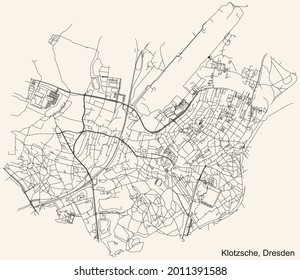 Black simple detailed street roads map on vintage beige background of the quarter Klotzsche district of Dresden, Germany