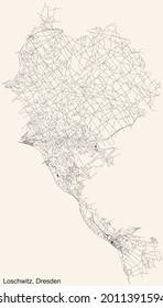Black simple detailed street roads map on vintage beige background of the quarter Loschwitz district of Dresden, Germany