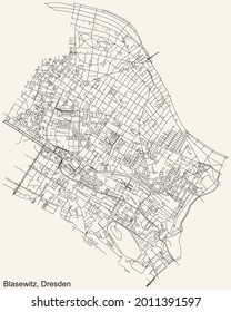 Black simple detailed street roads map on vintage beige background of the quarter Blasewitz district of Dresden, Germany