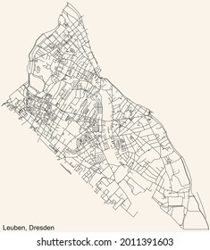 Black simple detailed street roads map on vintage beige background of the quarter Leuben district of Dresden, Germany