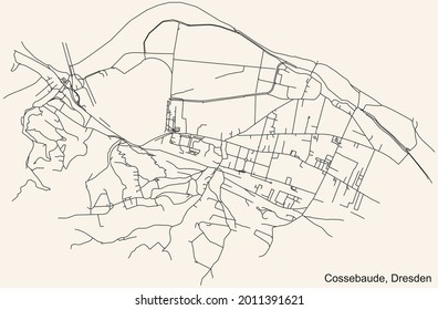 Black simple detailed street roads map on vintage beige background of the quarter Cossebaude locality of Dresden, Germany