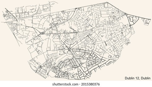 Black simple detailed street roads map on vintage beige background of the quarter Postal district 12 (D12) of Dublin, Ireland