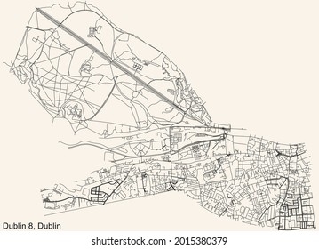 Black simple detailed street roads map on vintage beige background of the quarter Postal district 8 (D8) of Dublin, Ireland