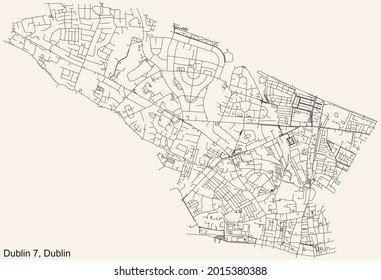 Black simple detailed street roads map on vintage beige background of the quarter Postal district 7 (D7) of Dublin, Ireland