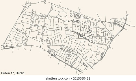 Black simple detailed street roads map on vintage beige background of the quarter Postal district 17 (D17) of Dublin, Ireland