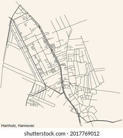 Black simple detailed street roads map on vintage beige background of the quarter Hainholz borough district of Hanover, Germany