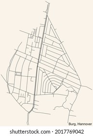 Black simple detailed street roads map on vintage beige background of the quarter Burg borough district of Hanover, Germany