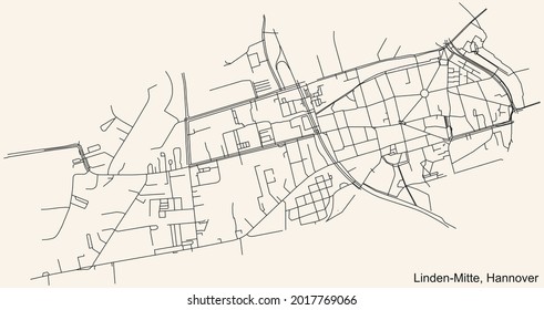 Black simple detailed street roads map on vintage beige background of the quarter Linden-Mitte borough district of Hanover, Germany