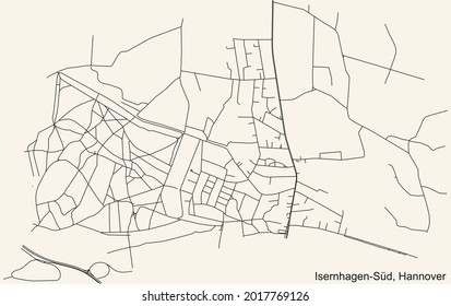 Black simple detailed street roads map on vintage beige background of the quarter Isernhagen-Süd borough district of Hanover, Germany