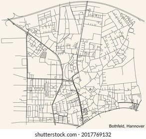 Black simple detailed street roads map on vintage beige background of the quarter Bothfeld borough district of Hanover, Germany