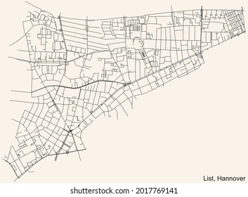 Black simple detailed street roads map on vintage beige background of the quarter List borough district of Hanover, Germany