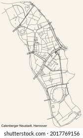 Black simple detailed street roads map on vintage beige background of the quarter Calenberger Neustadt borough district of Hanover, Germany