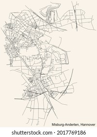 Black simple detailed street roads map on vintage beige background of the quarter Misburg-Anderten district of Hanover, Germany