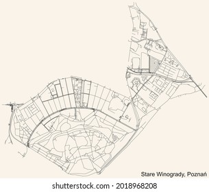 Black Simple Detailed Street Roads Map On Vintage Beige Background Of The Quarter Stare Winogrady District Of Poznan, Poland