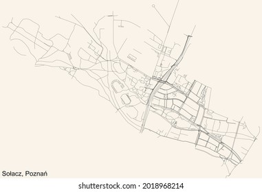Black simple detailed street roads map on vintage beige background of the quarter Sołacz district of Poznan, Poland