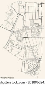 Black simple detailed street roads map on vintage beige background of the quarter Winiary district of Poznan, Poland