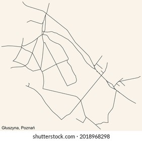 Black simple detailed street roads map on vintage beige background of the quarter Głuszyna district of Poznan, Poland