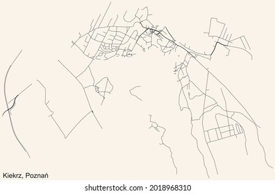 Black simple detailed street roads map on vintage beige background of the quarter Kiekrz district of Poznan, Poland