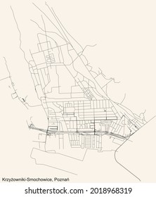 Black simple detailed street roads map on vintage beige background of the quarter Krzyżowniki-Smochowice district of Poznan, Poland