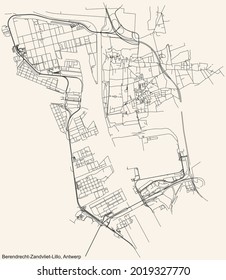 Black simple detailed street roads map on vintage beige background of the quarter Berendrecht-Zandvliet-Lillo district of Antwerp, Belgium