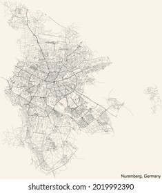 Black simple detailed street roads map on vintage beige background of Nuremberg, Germany