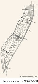 Black simple detailed street roads map on vintage beige background of the quarter 2nd arrondissement district of Lyon, France