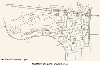 Black simple detailed street roads map on vintage beige background of the quarter 1st arrondissement district of Lyon, France