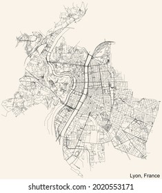 Black simple detailed street roads map on vintage beige background of the quarters, arrondissement and districts of Lyon, France