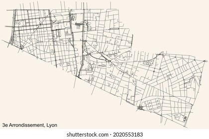 Black simple detailed street roads map on vintage beige background of the quarter 3rd arrondissement district of Lyon, France