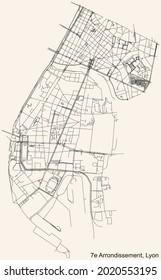 Black simple detailed street roads map on vintage beige background of the quarter 7th arrondissement district of Lyon, France