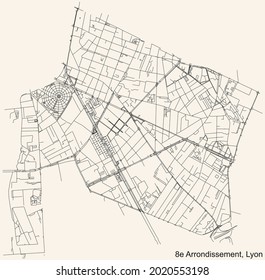 Black simple detailed street roads map on vintage beige background of the quarter 8th arrondissement district of Lyon, France