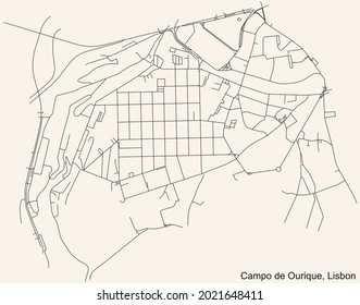 Black simple detailed street roads map on vintage beige background of the quarter Campo de Ourique civil parish of Lisbon, Portugal