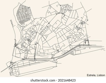 Black simple detailed street roads map on vintage beige background of the quarter Estrela civil parish of Lisbon, Portugal