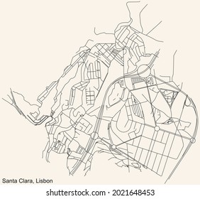 Black simple detailed street roads map on vintage beige background of the quarter Santa Clara civil parish of Lisbon, Portugal