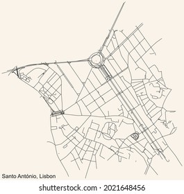 Black simple detailed street roads map on vintage beige background of the quarter Santo António civil parish of Lisbon, Portugal