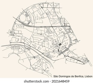 Black simple detailed street roads map on vintage beige background of the quarter São Domingos de Benfica civil parish of Lisbon, Portugal