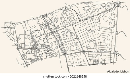 Black simple detailed street roads map on vintage beige background of the quarter Alvalade civil parish of Lisbon, Portugal
