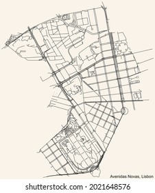 Black simple detailed street roads map on vintage beige background of the quarter Avenidas Novas civil parish of Lisbon, Portugal