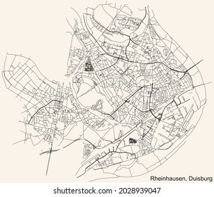 Black simple detailed street roads map on vintage beige background of the quarter Rheinhausen district of Duisburg, Germany