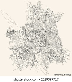 Black simple detailed street roads map on vintage beige background of Toulouse, France