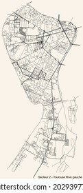 Black simple detailed street roads map on vintage beige background of the quarter Sector 2 - Toulouse Rive gauche district of Toulouse, France