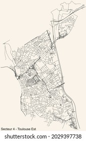 Black simple detailed street roads map on vintage beige background of the quarter Sector 4 - Toulouse Est (East) district of Toulouse, France