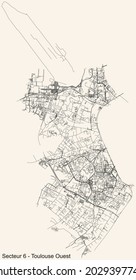 Black simple detailed street roads map on vintage beige background of the quarter Sector 6 - Toulouse Ouest (West) district of Toulouse, France