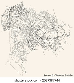 Black simple detailed street roads map on vintage beige background of the quarter Sector 5 - Toulouse Sud-Est (South East) district of Toulouse, France