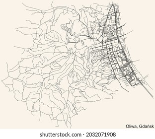 Black simple detailed street roads map on vintage beige background of the quarter Oliwa district of  Gdansk, Poland