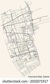 Black simple detailed street roads map on vintage beige background of the quarter Przymorze Małe district of Gdansk, Poland