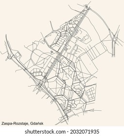 Black simple detailed street roads map on vintage beige background of the quarter Zaspa-Rozstaje district of  Gdansk, Poland