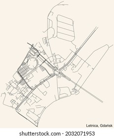 Black simple detailed street roads map on vintage beige background of the quarter Letnica district of  Gdansk, Poland